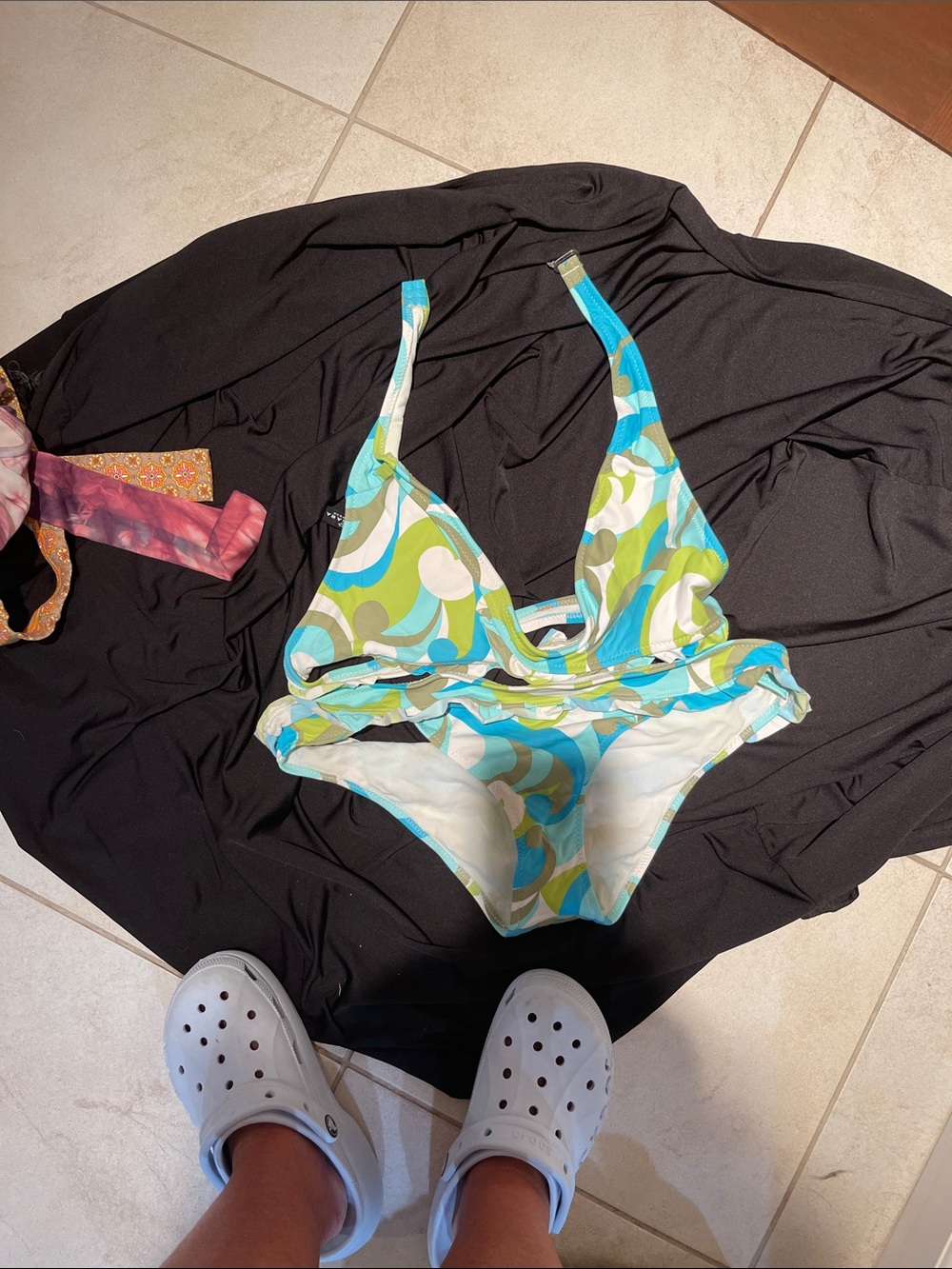 Retro Print Two-Piece Swimsuit - Blue, Green & White